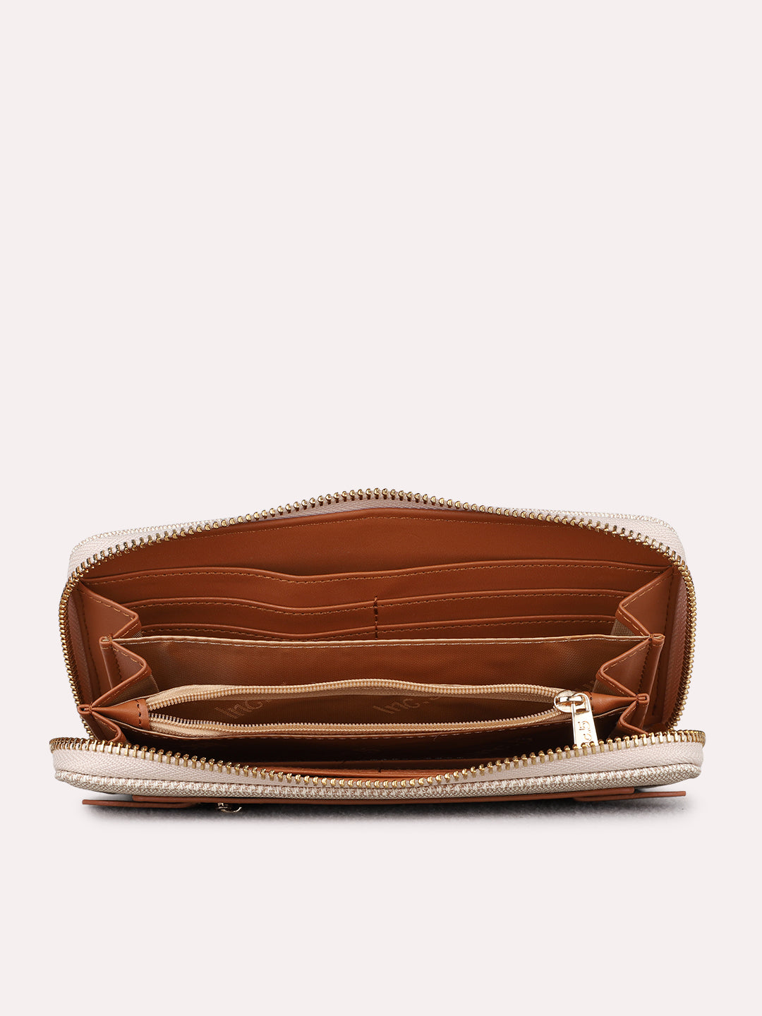 Women Tan Textured Wallet With Zip Lock For Casual