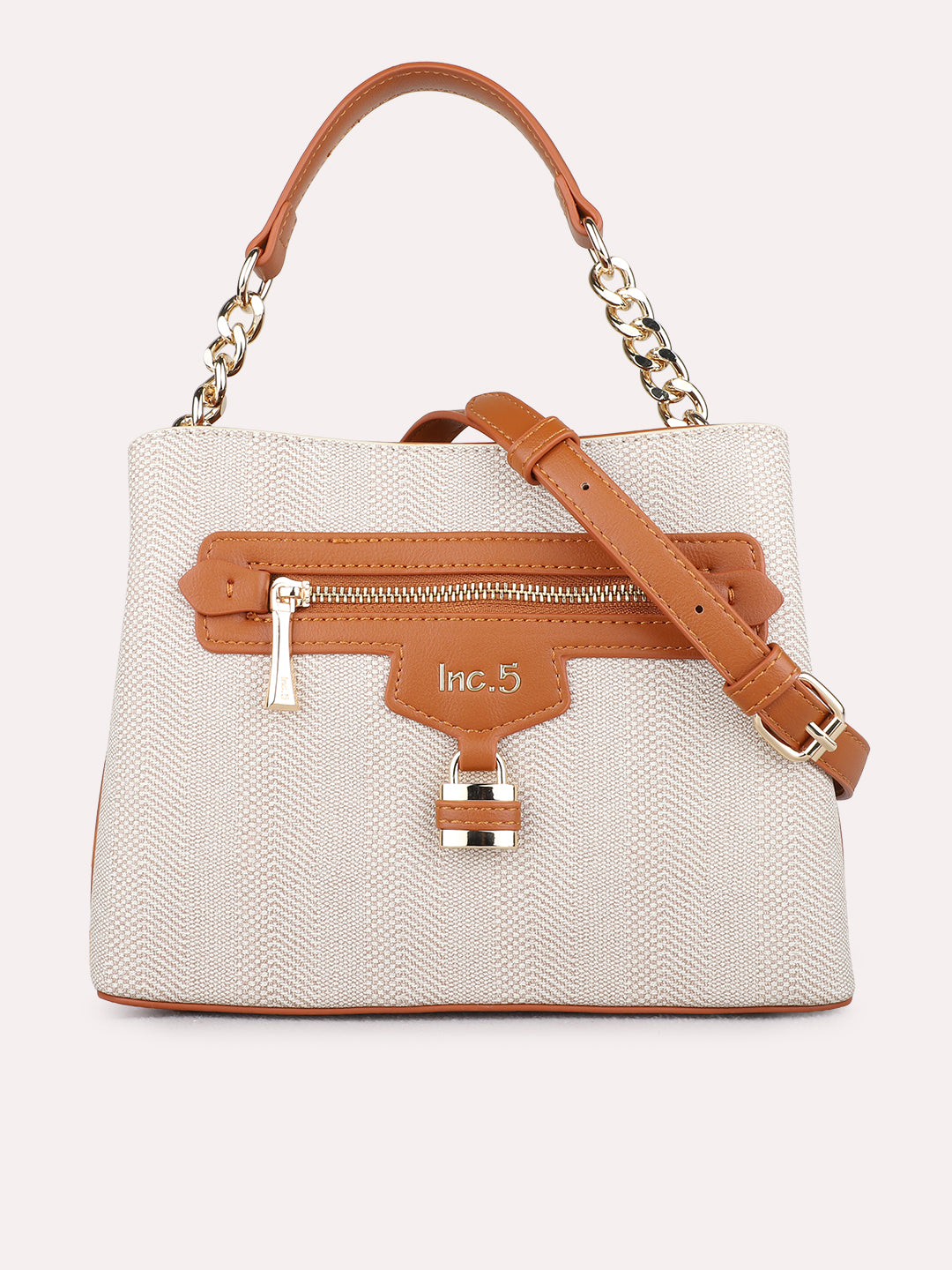 Women Tan Textured Handbag With Zip Lock For Casual