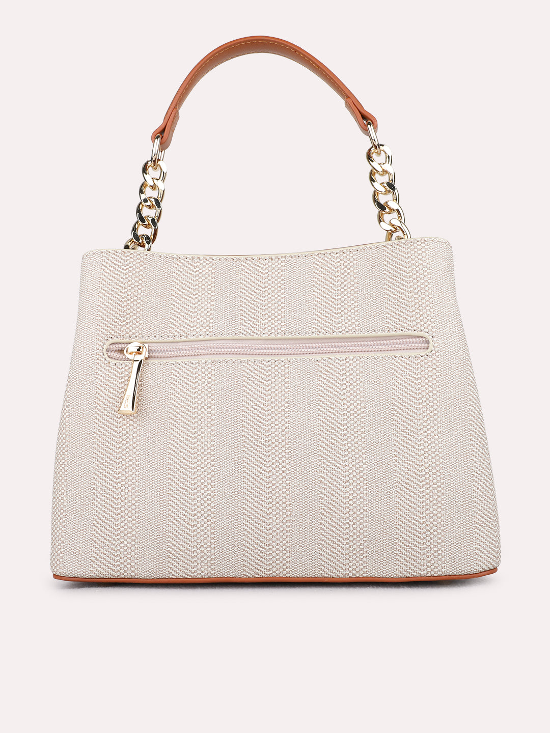 Women Tan Textured Handbag With Zip Lock For Casual
