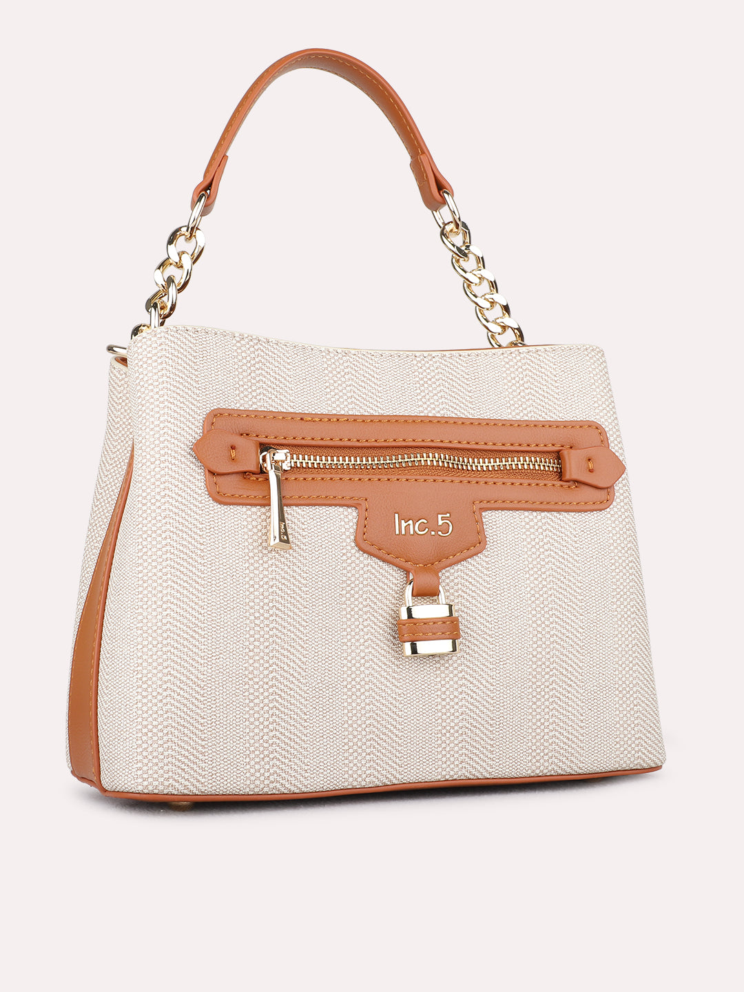 Women Tan Textured Handbag With Zip Lock For Casual