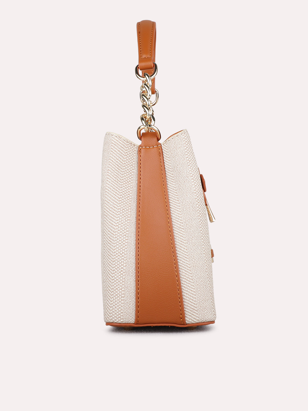 Women Tan Textured Handbag With Zip Lock For Casual