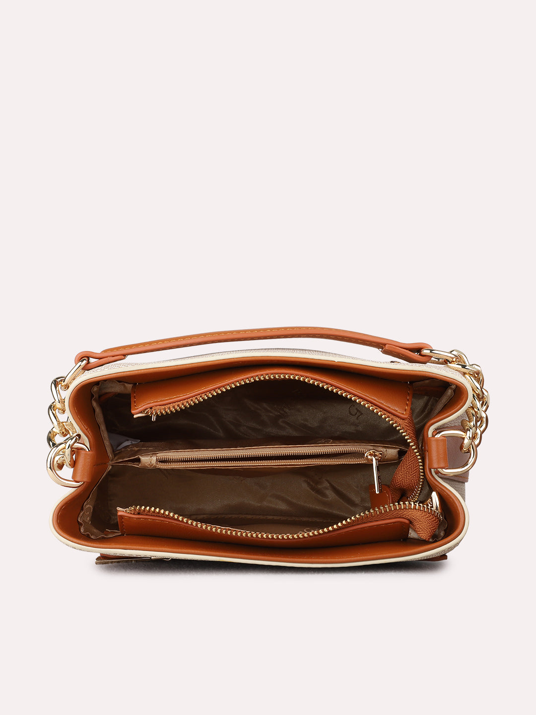 Women Tan Textured Handbag With Zip Lock For Casual