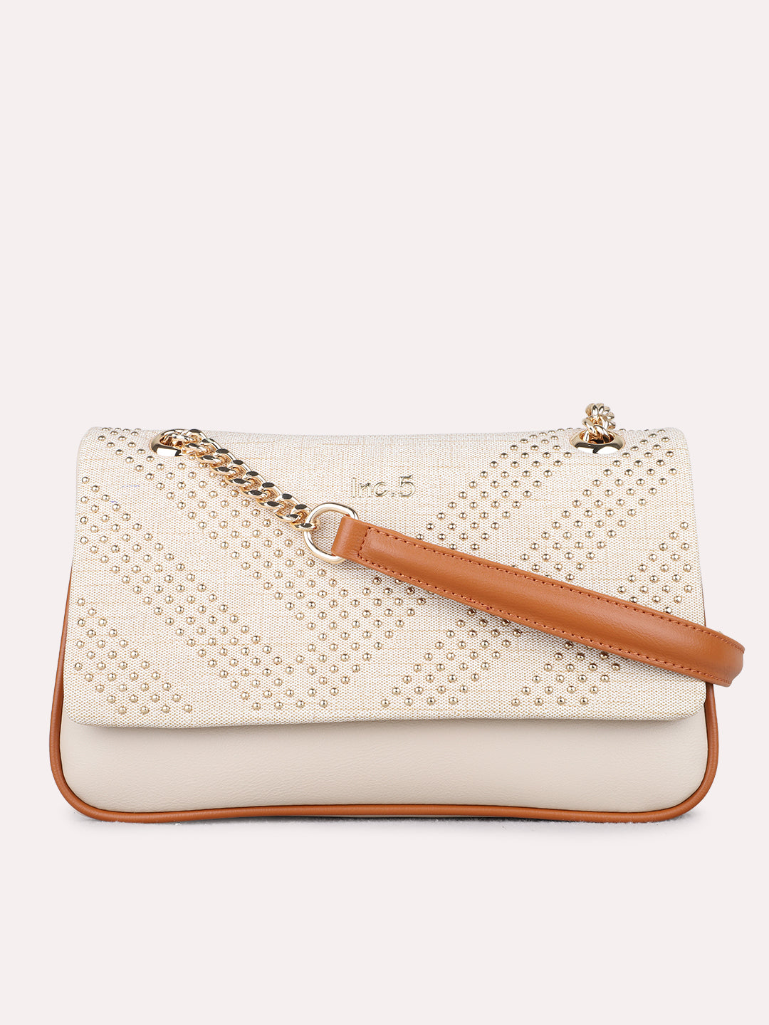 Women Beige Embellished Sling Bag With Magnet Lock For Casual