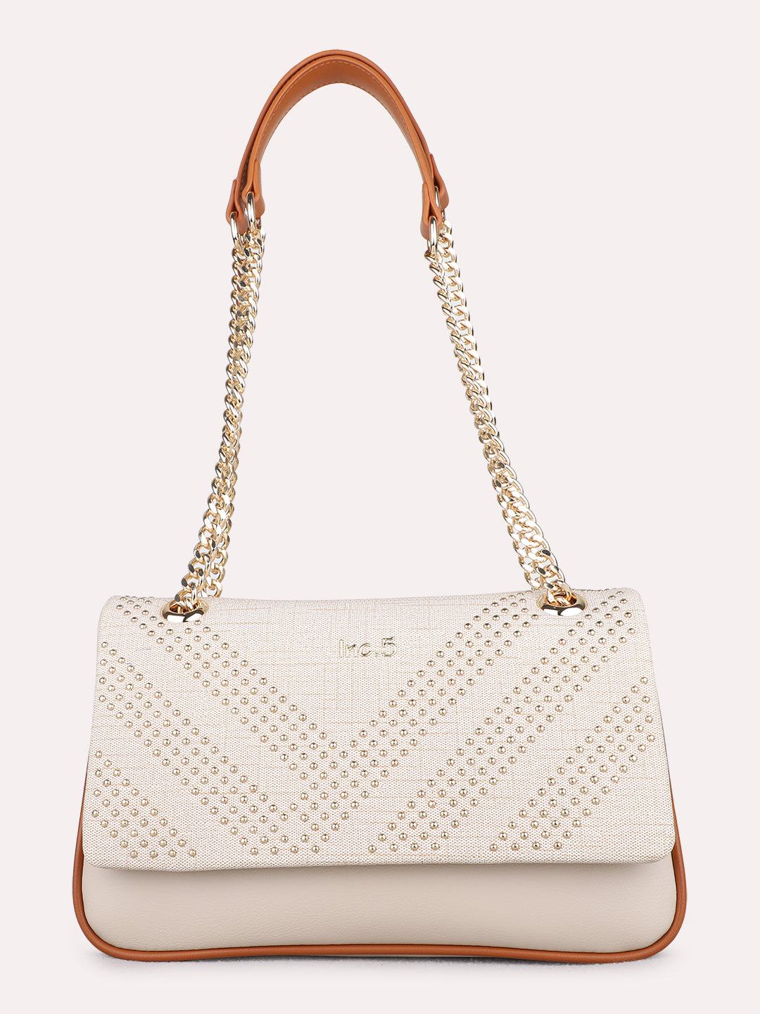 Women Beige Embellished Sling Bag With Magnet Lock For Casual