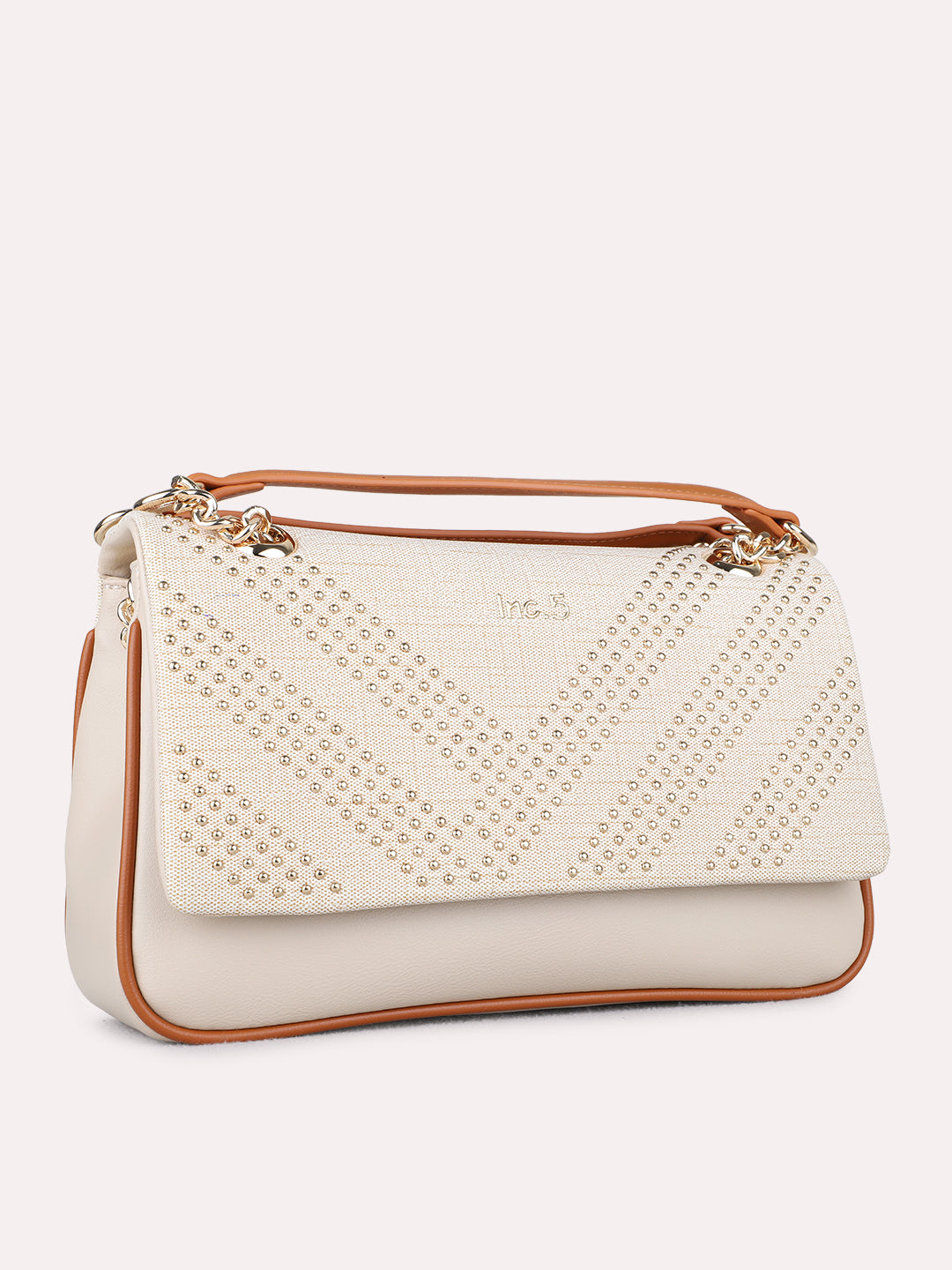 Women Beige Embellished Sling Bag With Magnet Lock For Casual