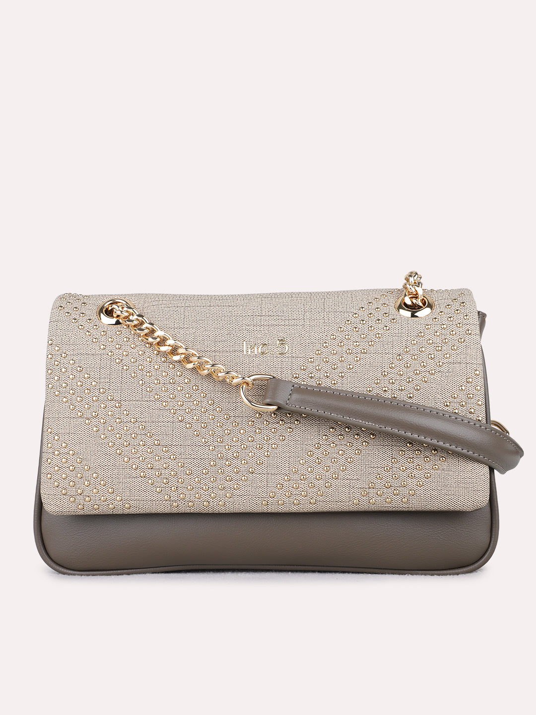 Women Grey Embellished Sling Bag With Magnet Lock For Casual