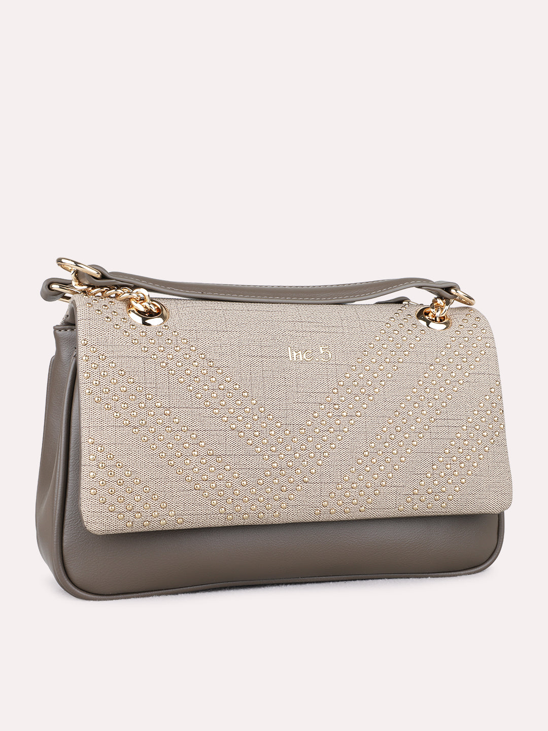 Women Grey Embellished Sling Bag With Magnet Lock For Casual