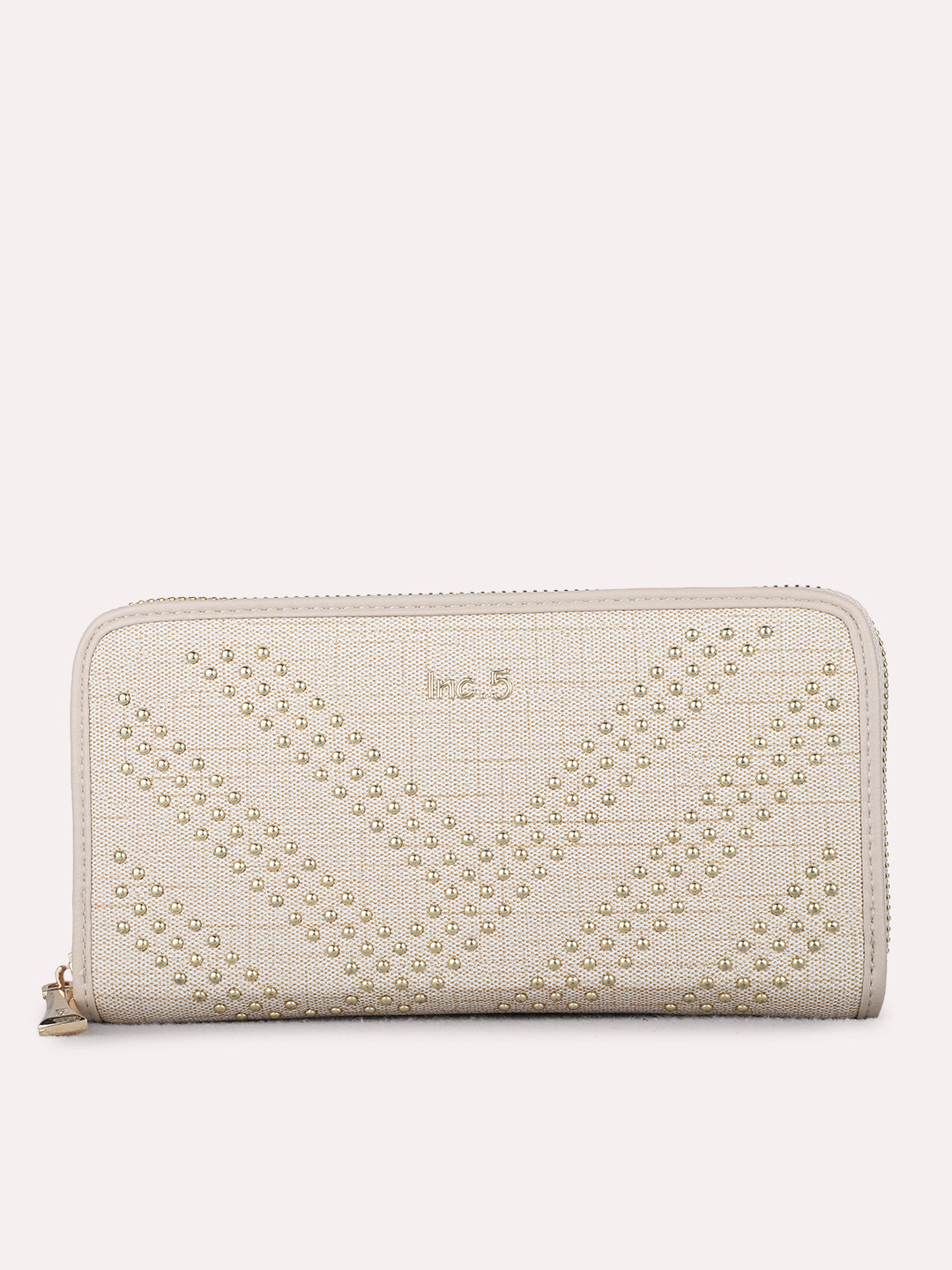 Women Beige Embellished Sling Bag With Zip Lock For Casual