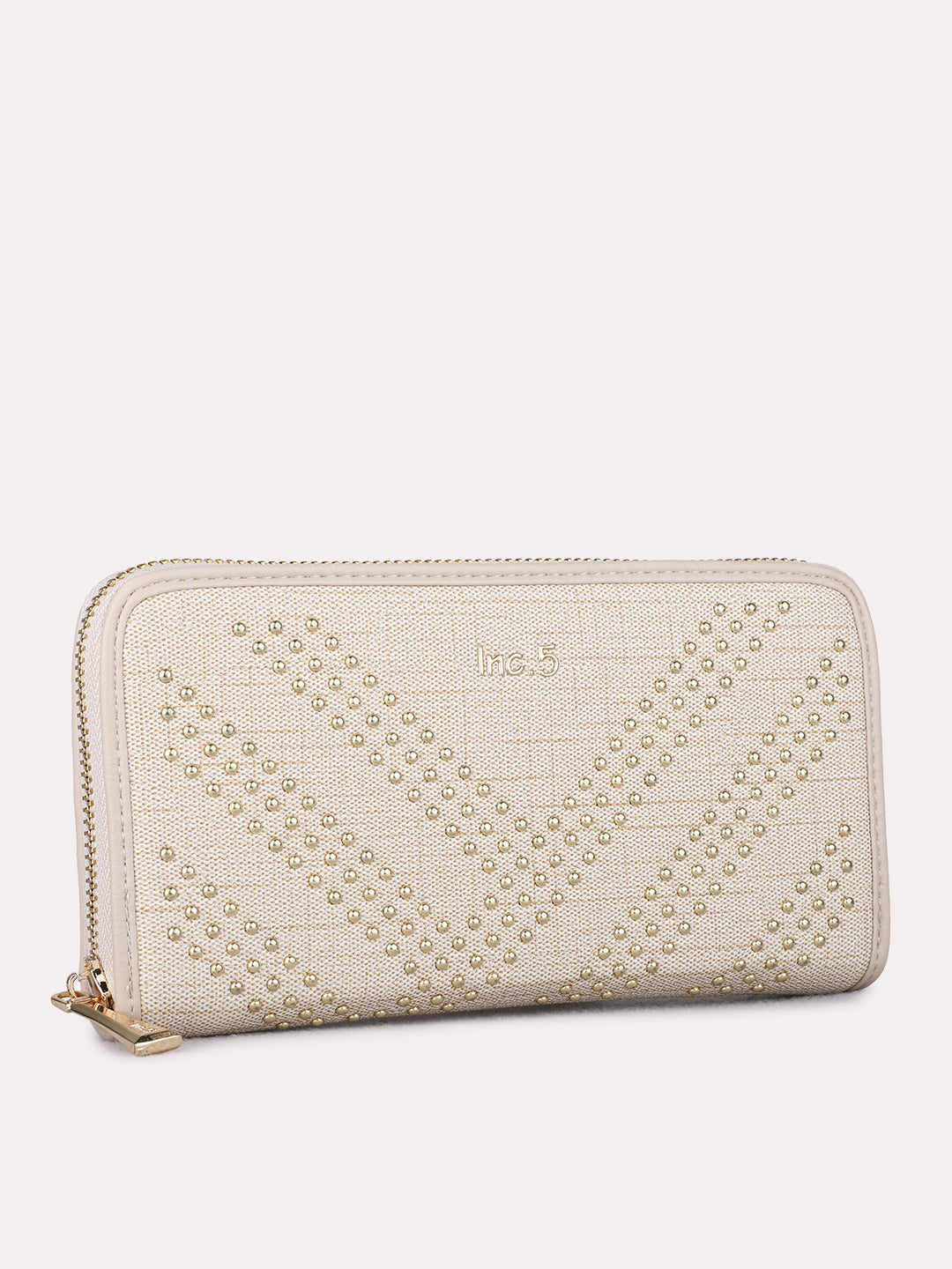 Women Beige Embellished Sling Bag With Zip Lock For Casual