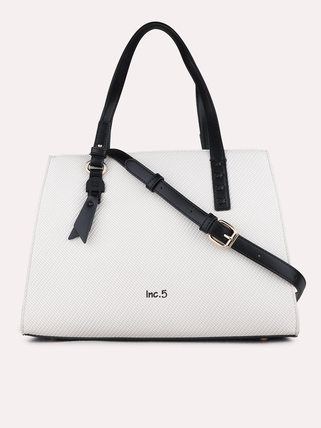 Women White/Black Textured Shoulder Bag With Zip Lock For Casual