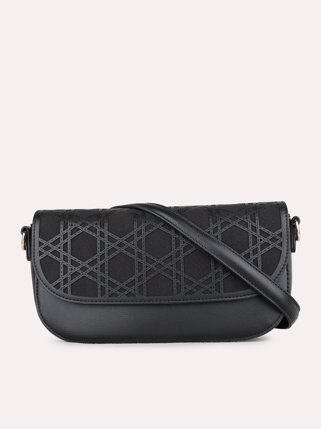 Women Black Textured Sling Bag With Magnet Lock For Casual