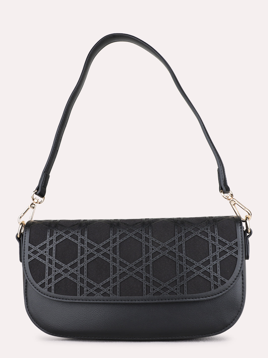 Women Black Textured Sling Bag With Magnet Lock For Casual