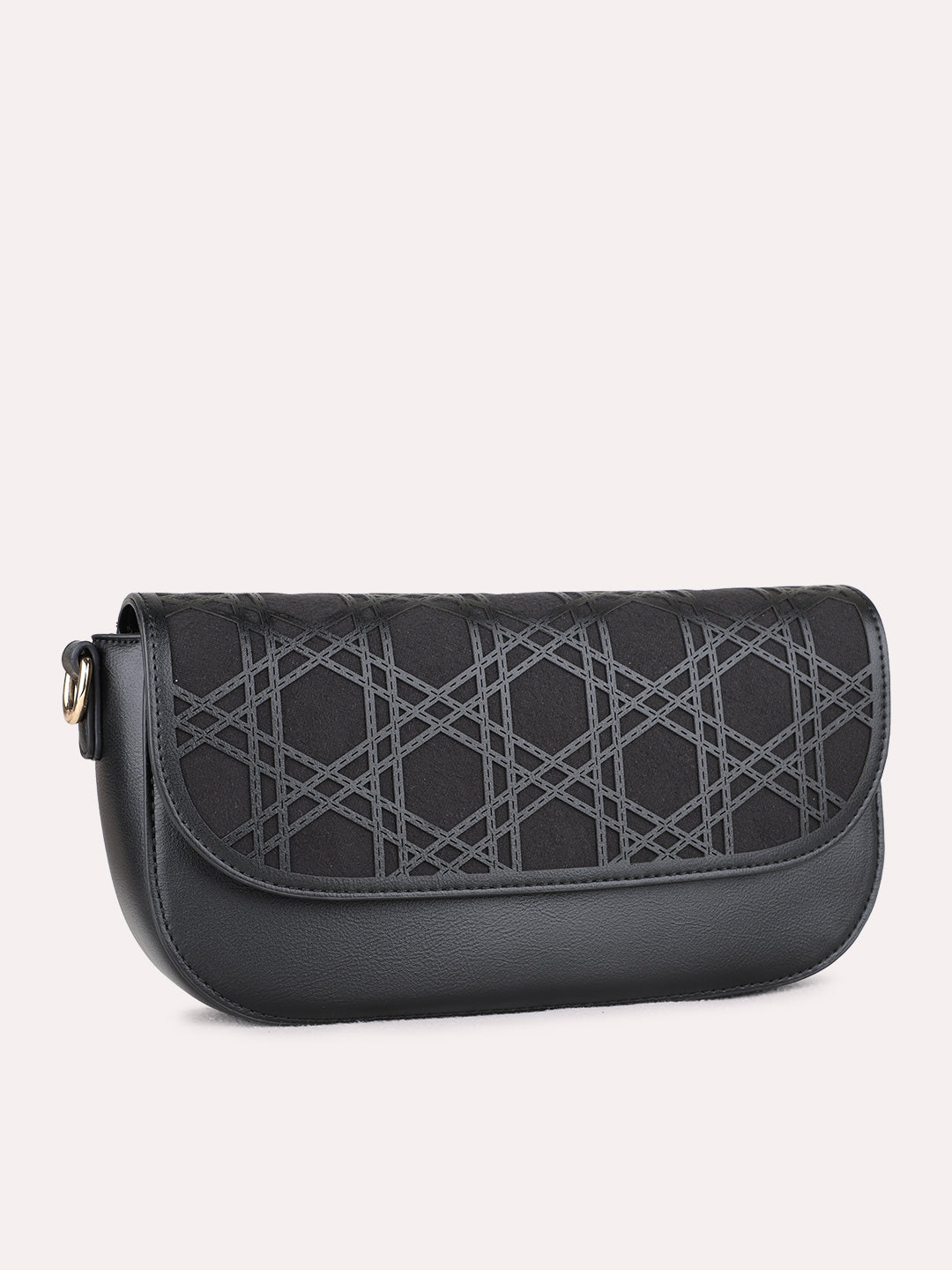 Women Black Textured Sling Bag With Magnet Lock For Casual
