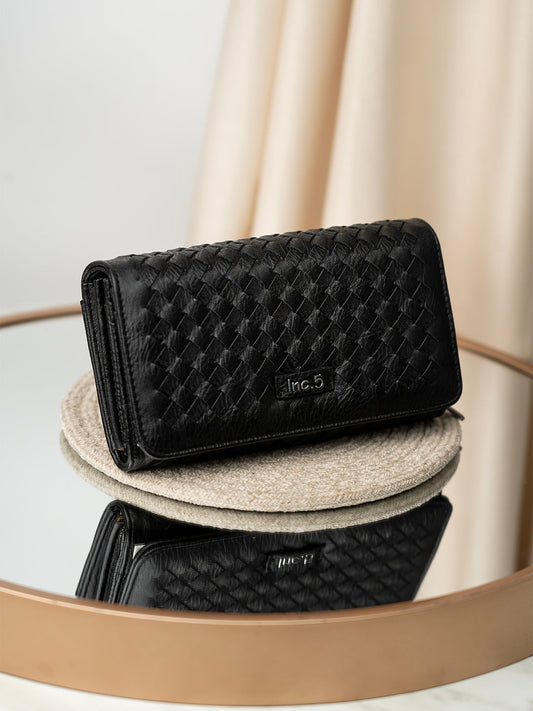 Womens Black Casual Textured Pattern Wallet With Push Lock