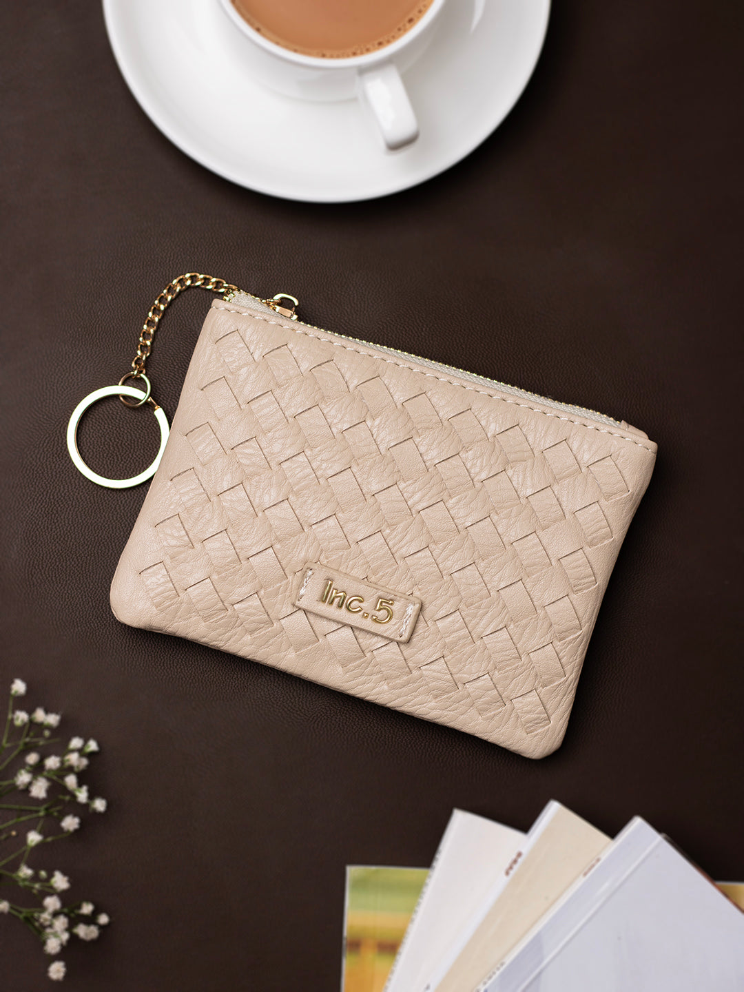 Womens Beige Casual Textured Wallet With Zip