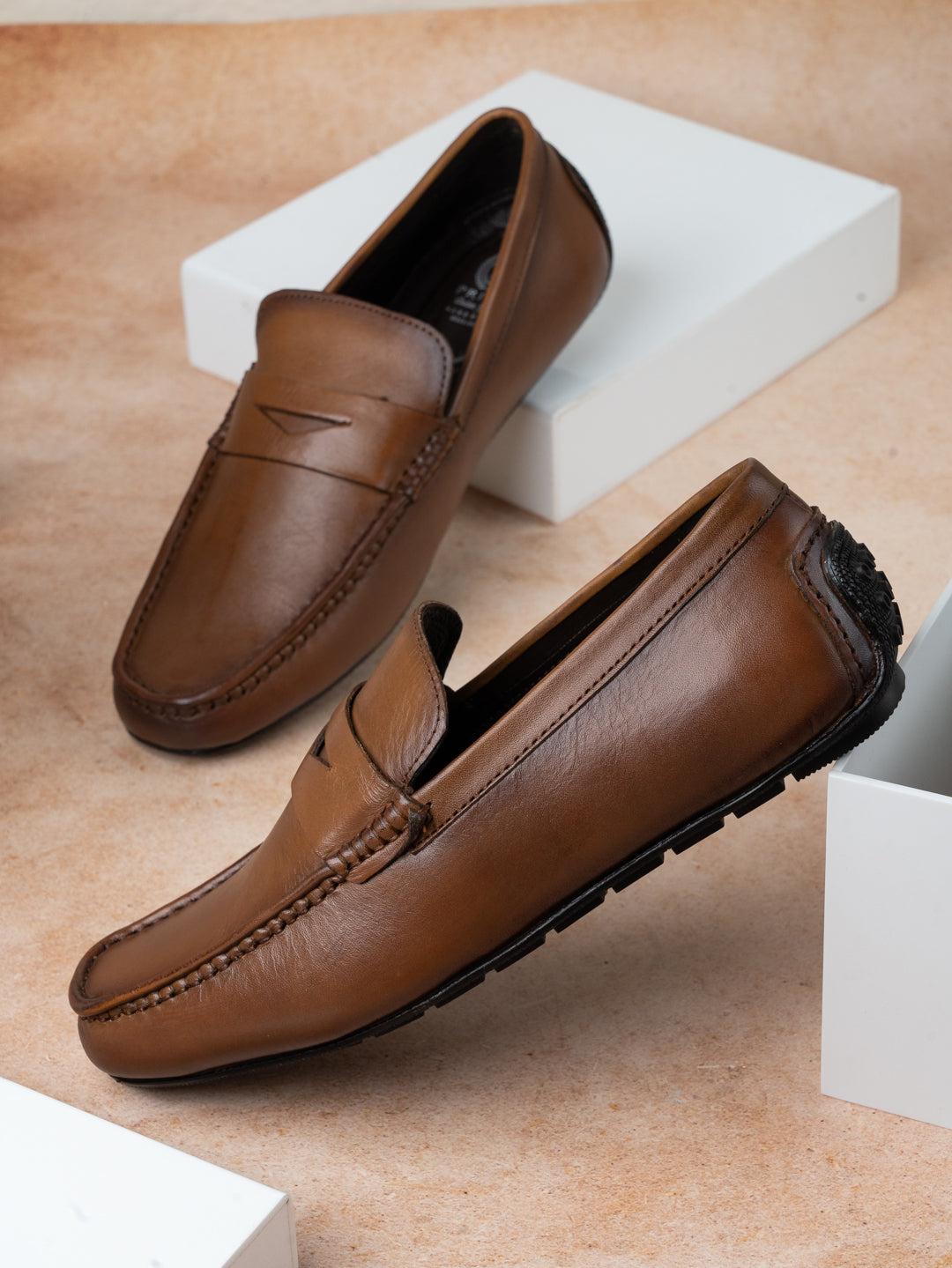 Mens Tan Solid Round Toe Casual Loafer Shoes