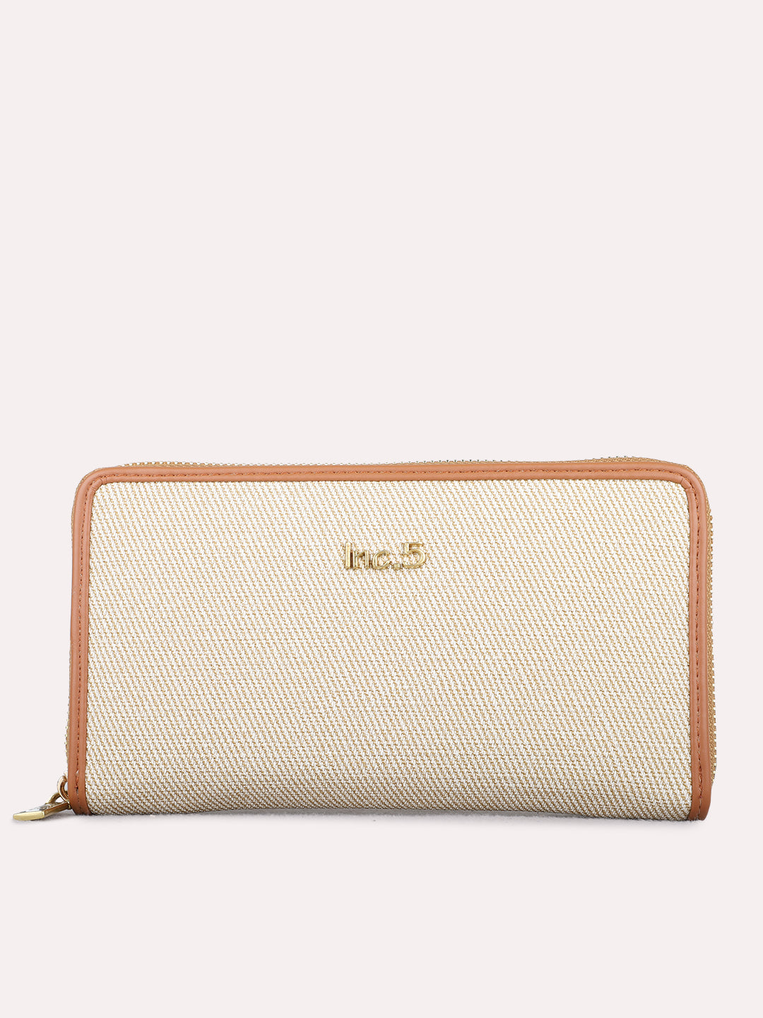 Women Beige Textured Bi-Folds Bag With Zip Lock For Casual