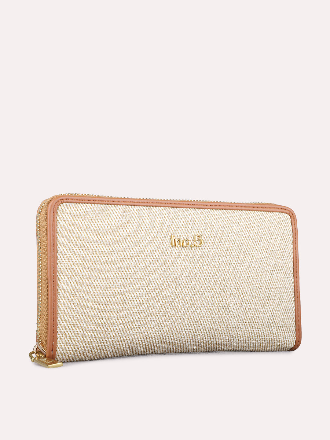 Women Beige Textured Bi-Folds Bag With Zip Lock For Casual