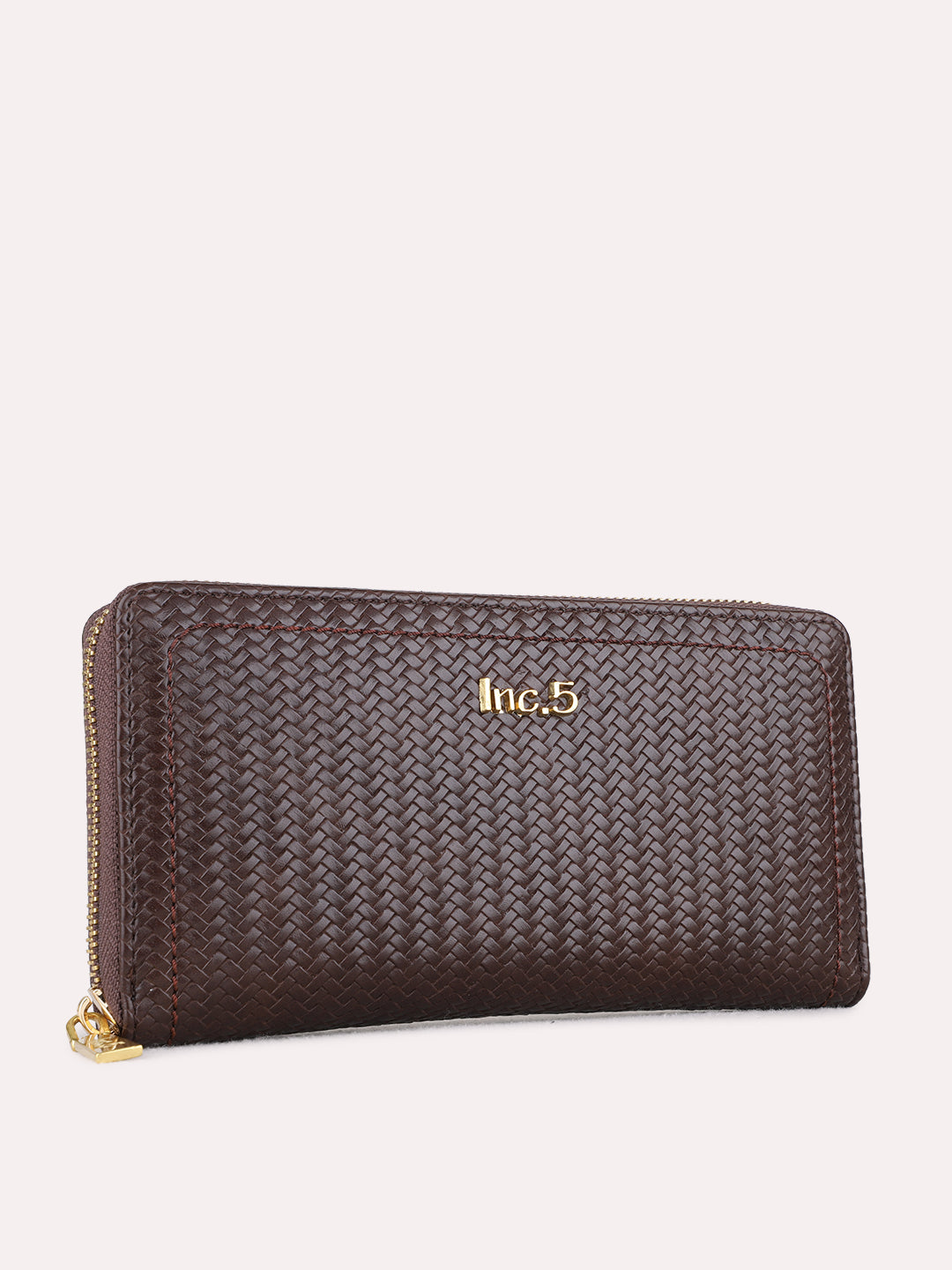 Women Brown Textured Bi-Folds Bag With Zip Lock For Casual
