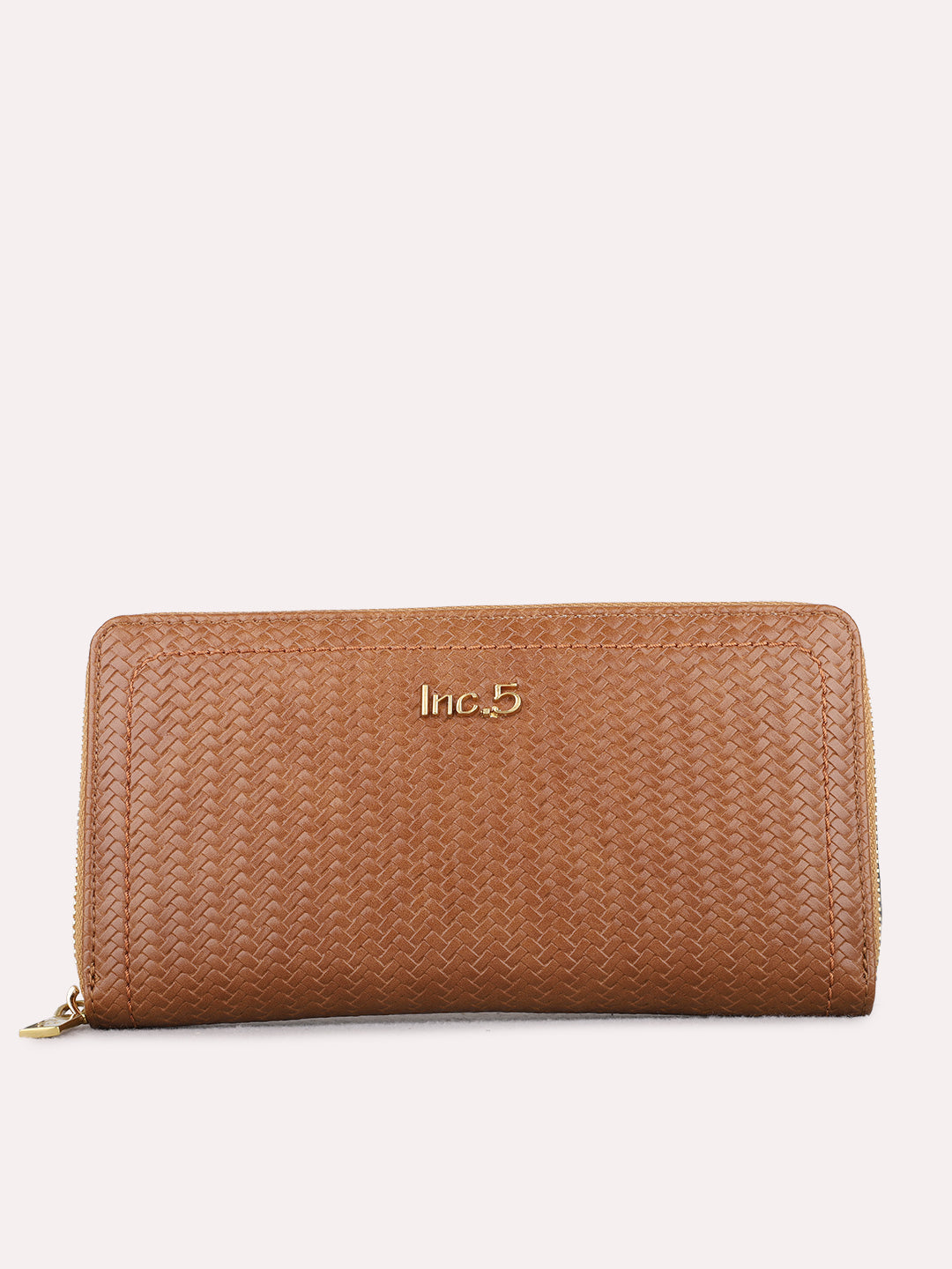 Women Tan Textured Bi-Folds Bag With Zip Lock For Casual