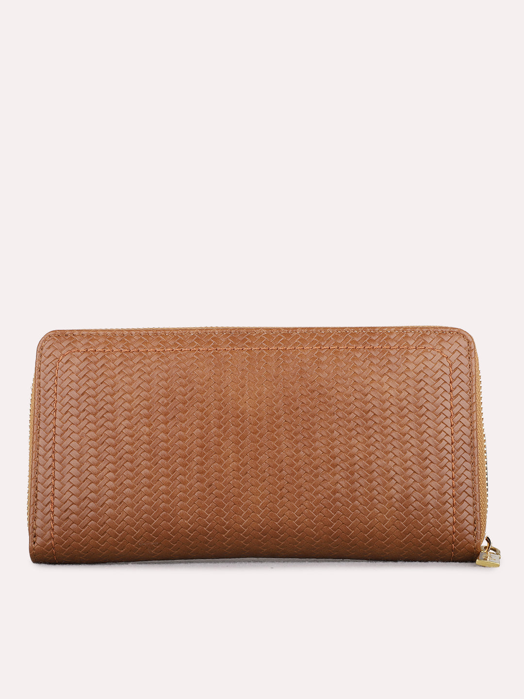 Women Tan Textured Bi-Folds Bag With Zip Lock For Casual