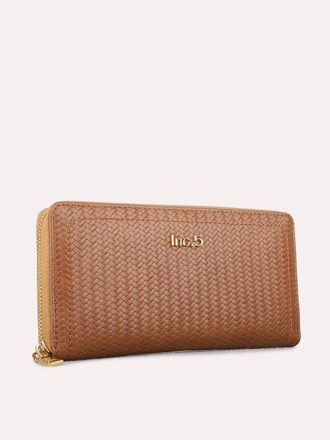 Women Tan Textured Bi-Folds Bag With Zip Lock For Casual