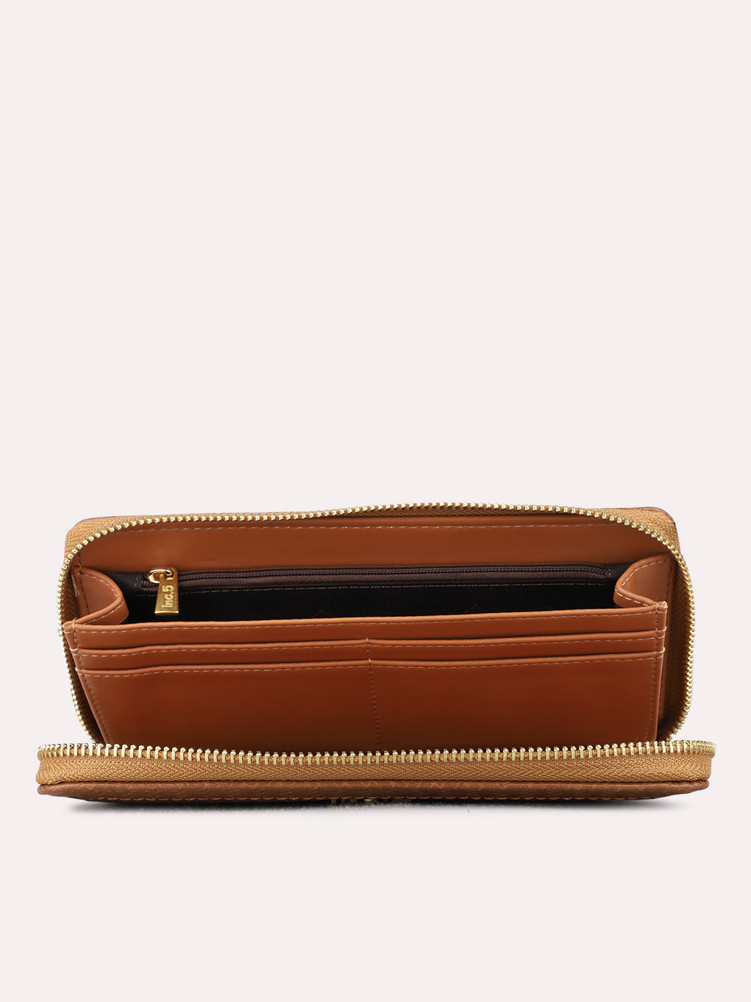 Women Tan Textured Bi-Folds Bag With Zip Lock For Casual