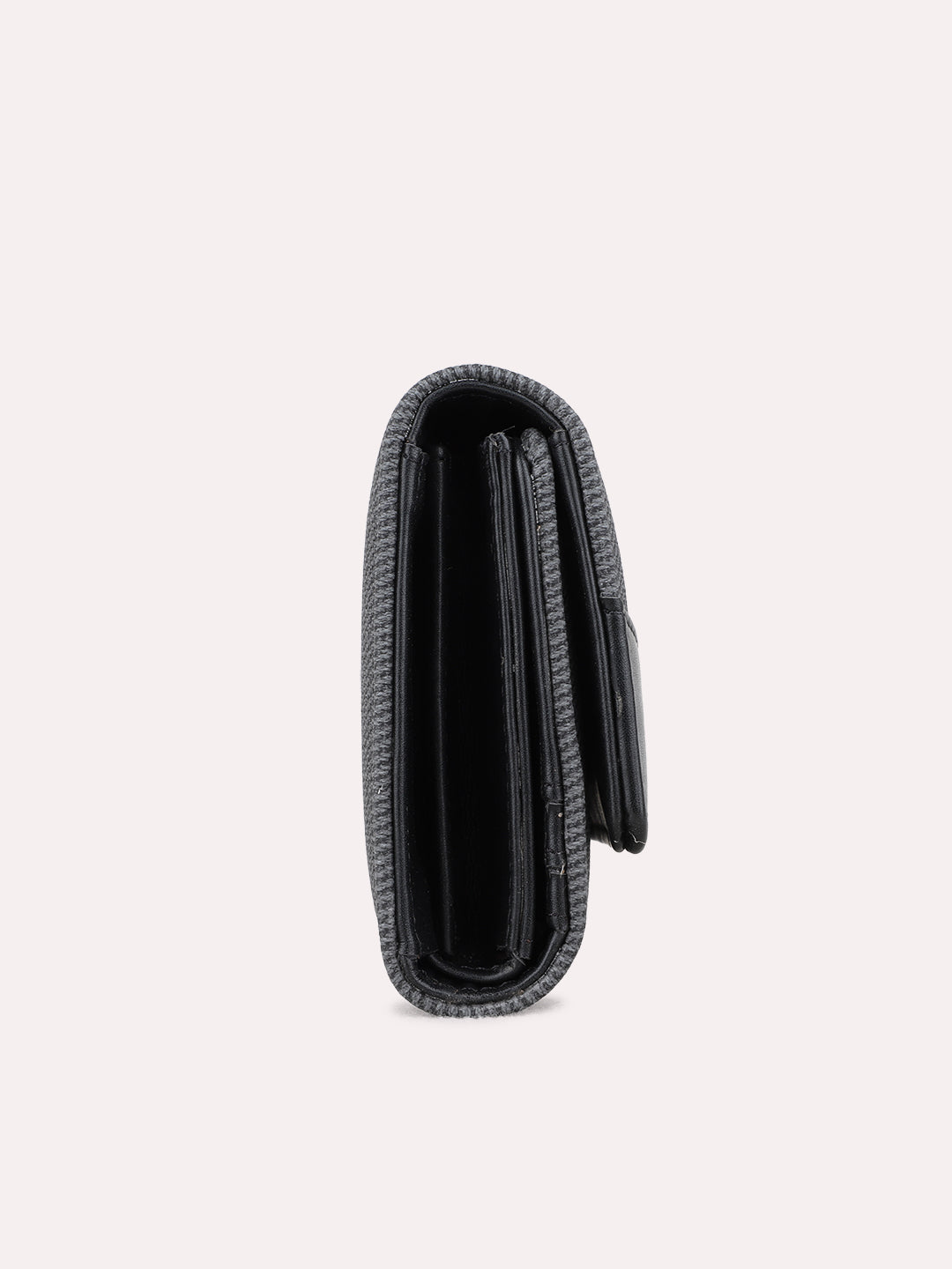 Women Black Textured Bi-Folds Bag With Magnet Lock For Casual
