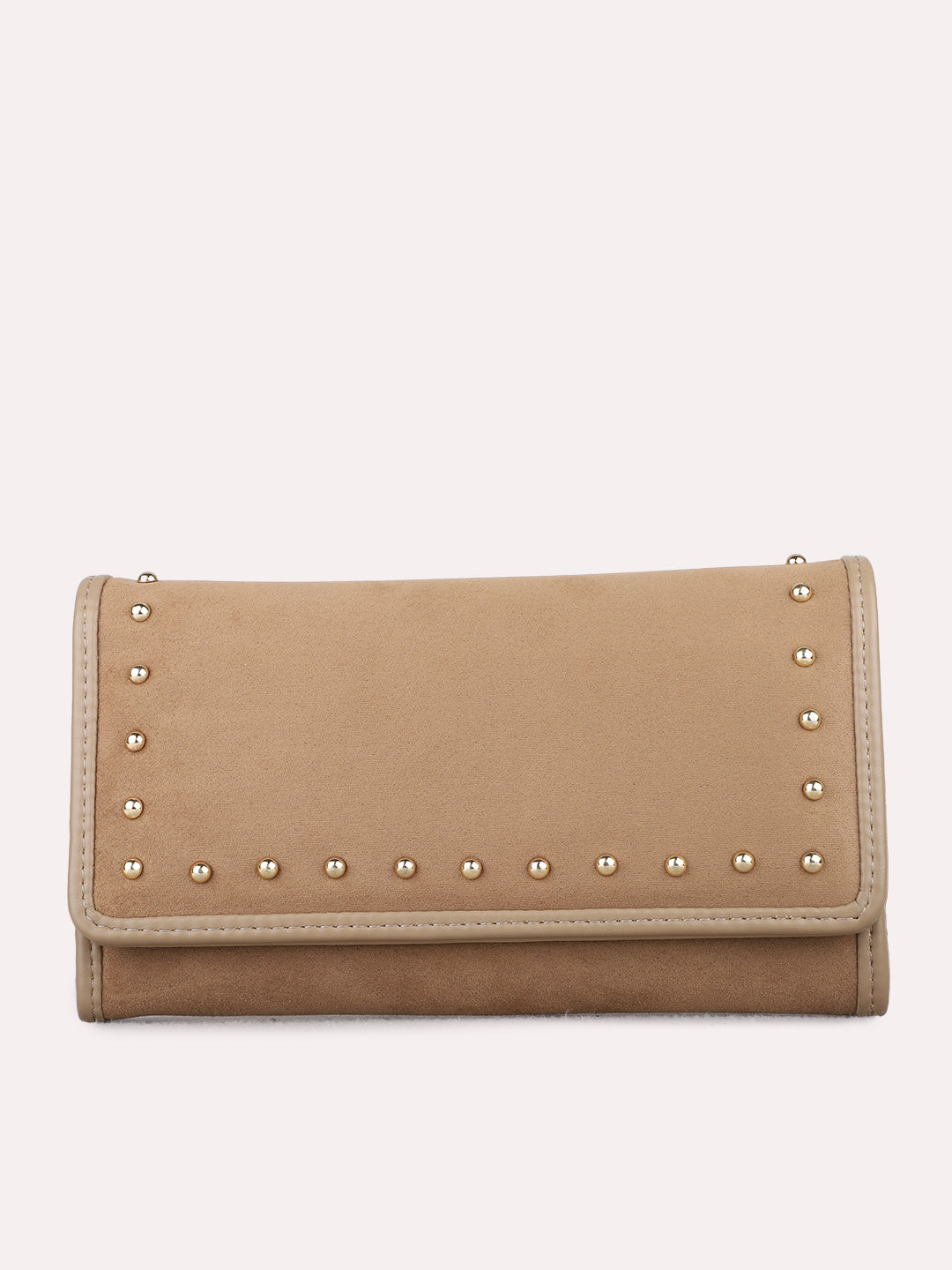 Women Beige Embellished Bi-Folds Bag With Magnet Lock For Casual