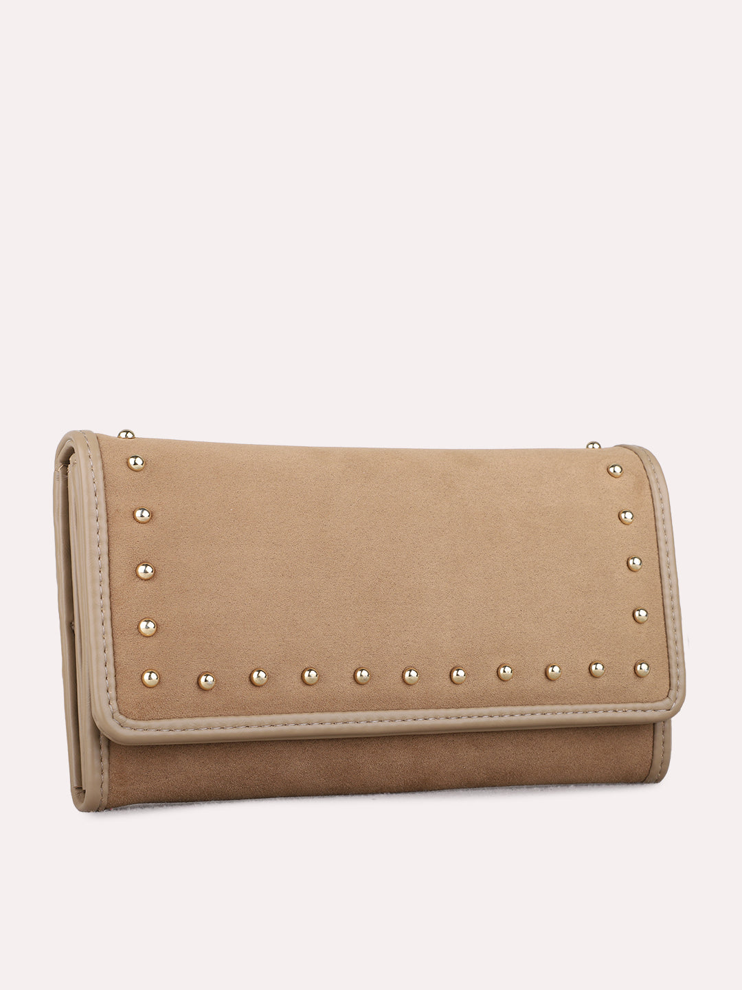 Women Beige Embellished Bi-Folds Bag With Magnet Lock For Casual