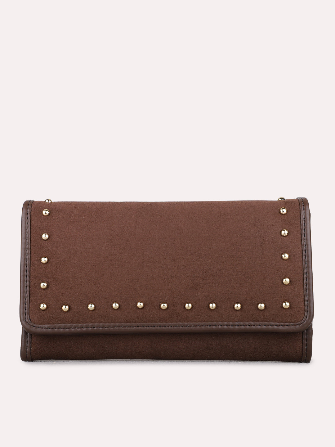 Women Brown Embellished Bi-Folds Bag With Magnet Lock For Casual