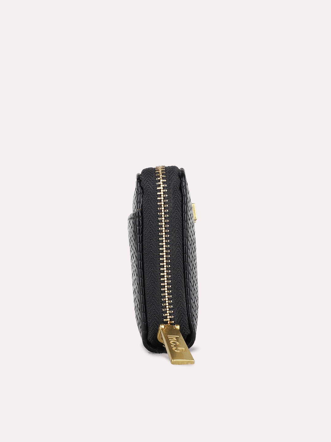 Women Black Textured Bi-Folds Bag With Zip Lock For Casual