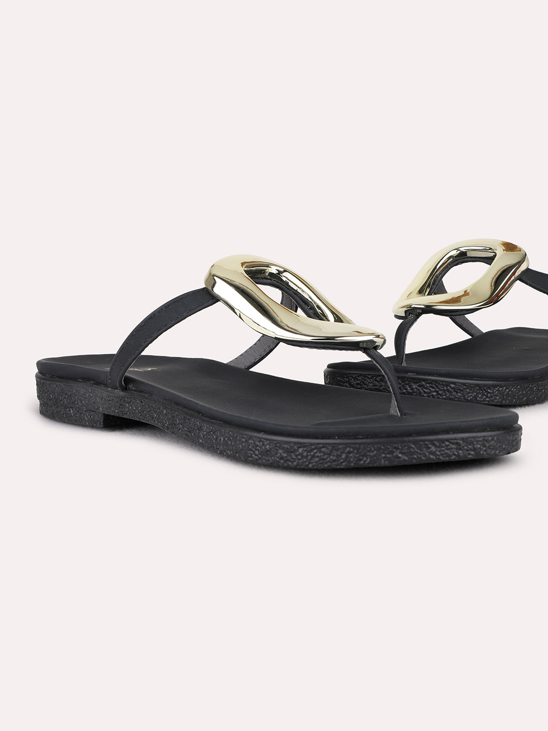 Womens Black Casual Solid T-Strap Flat Sandals