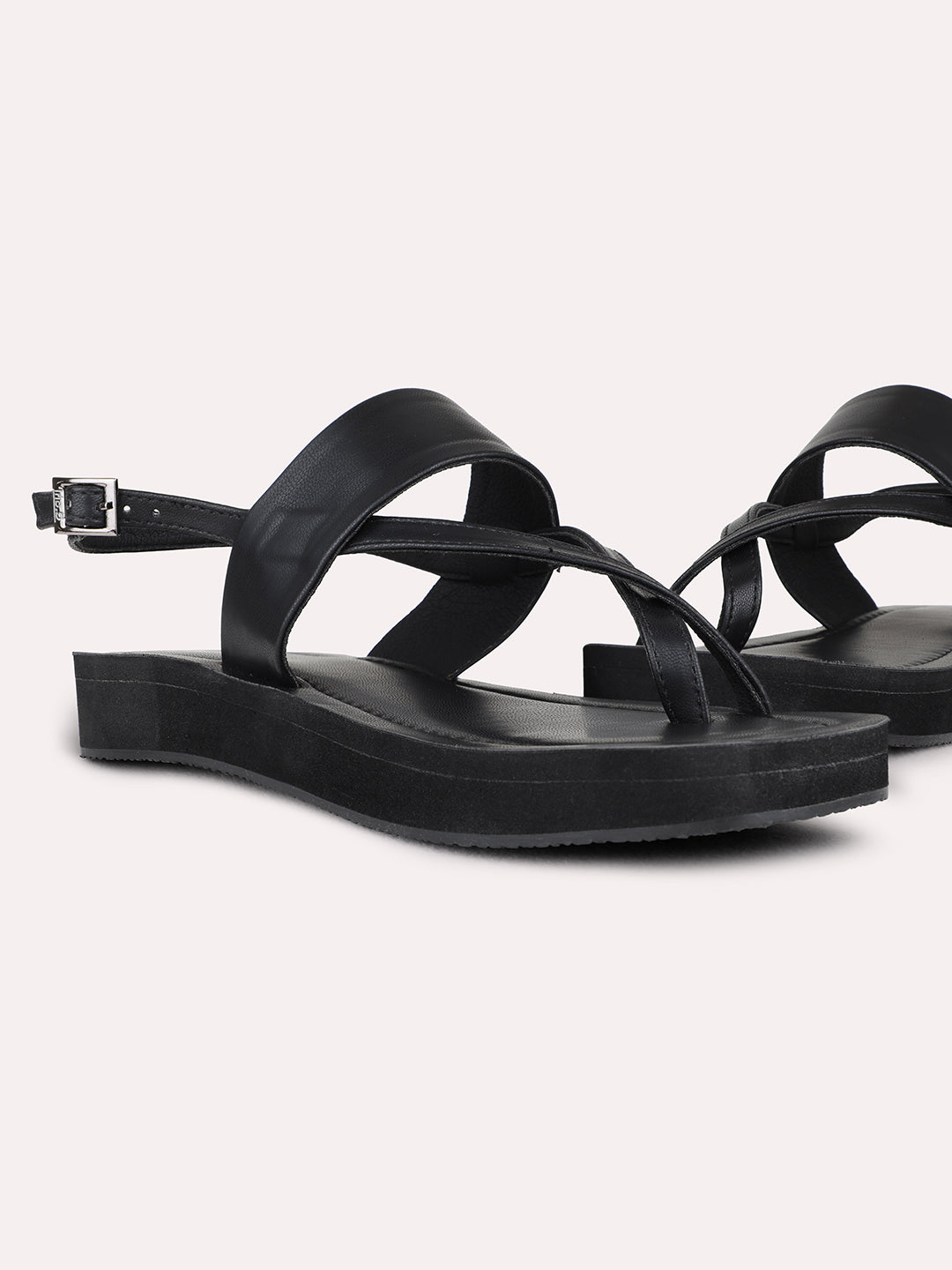 Womens Black Casual Solid One Toe Flat Slip-Ons