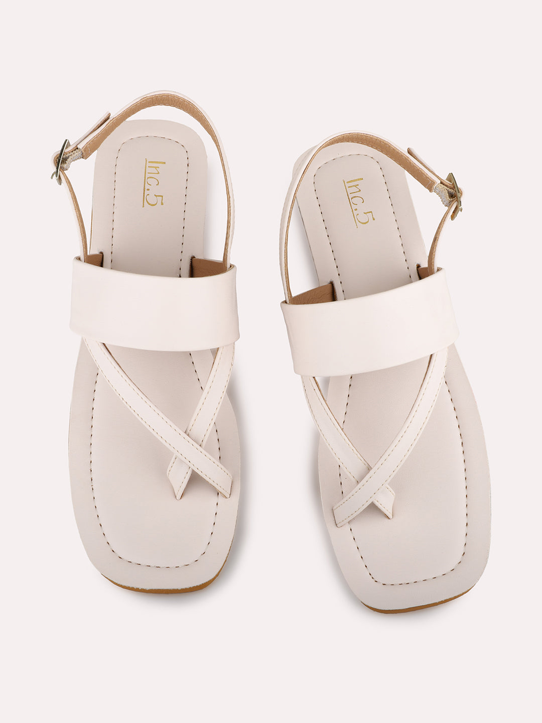 Womens Cream Casual Solid One Toe Flat Slip-Ons