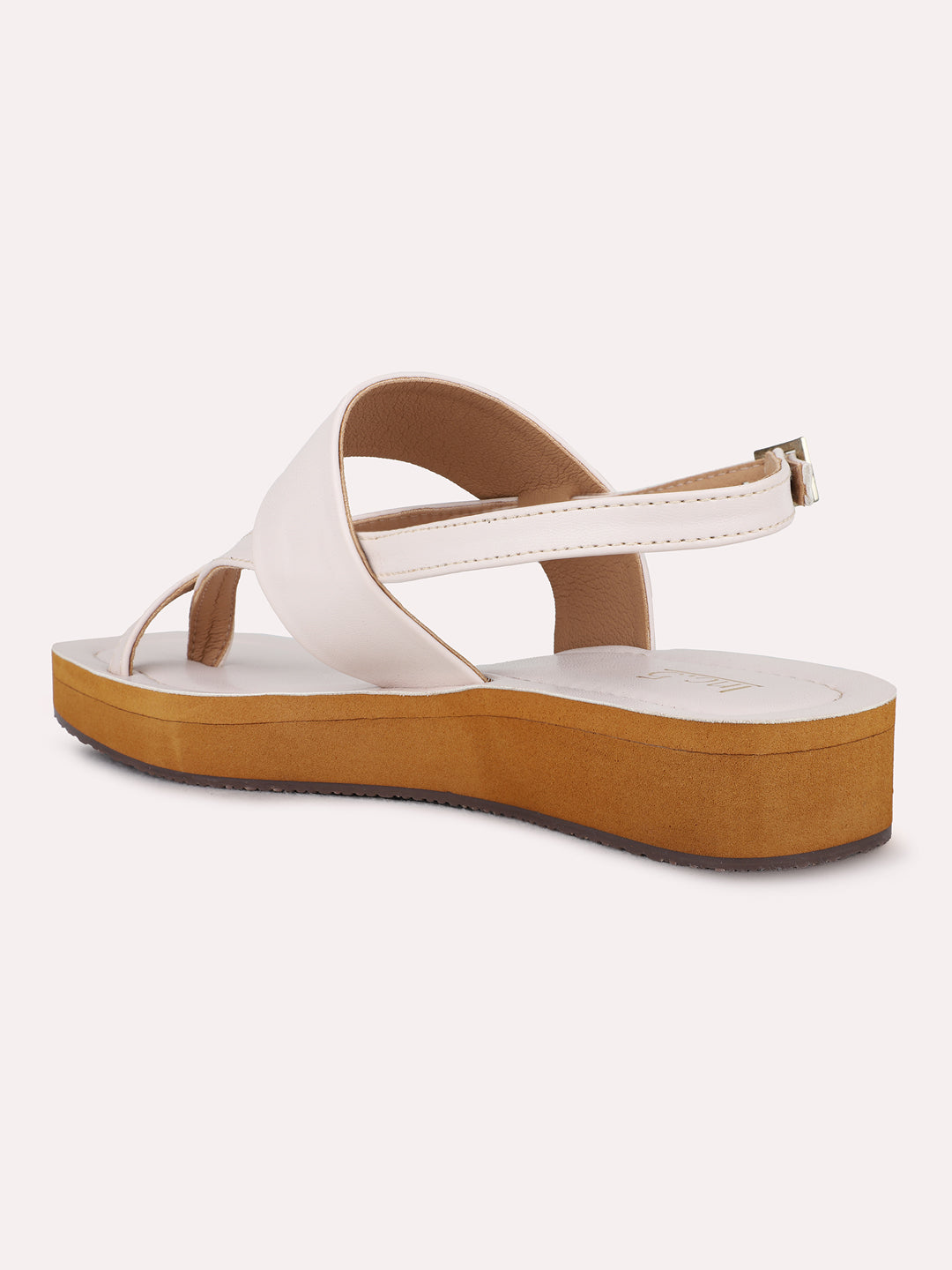 Womens Cream Casual Solid One Toe Flat Slip-Ons