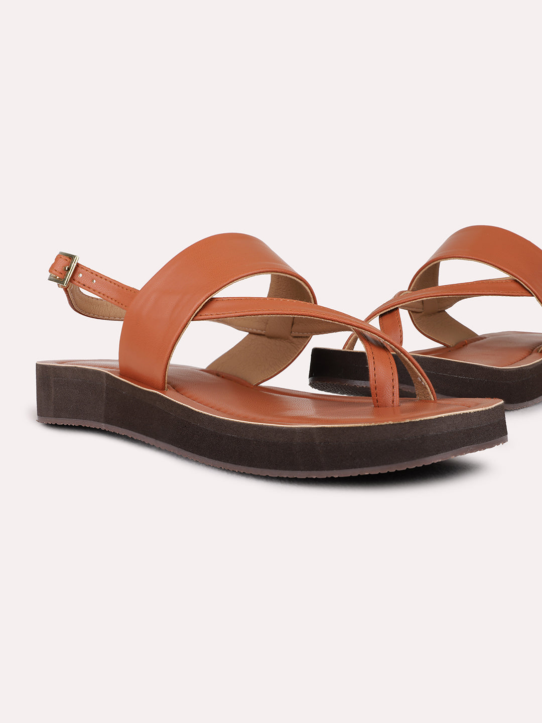 Womens Tan Casual Solid One Toe Flat Slip-Ons
