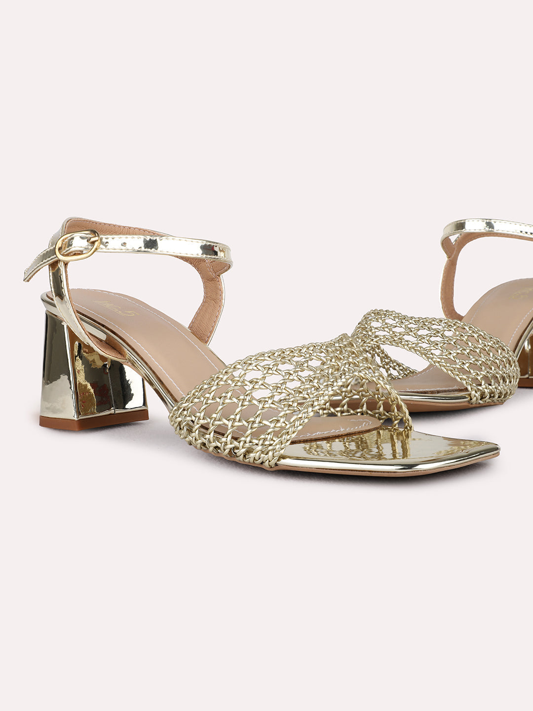 Womens Golden Party Wear Textured Square Toe Block Heel Sandals