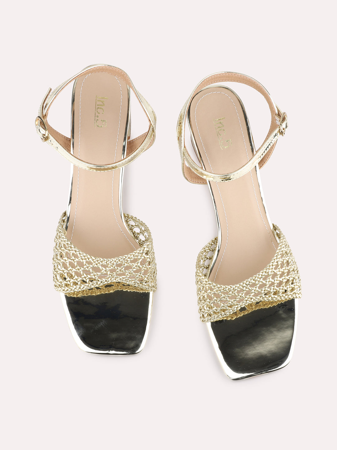 Womens Golden Party Wear Textured Square Toe Block Heel Sandals