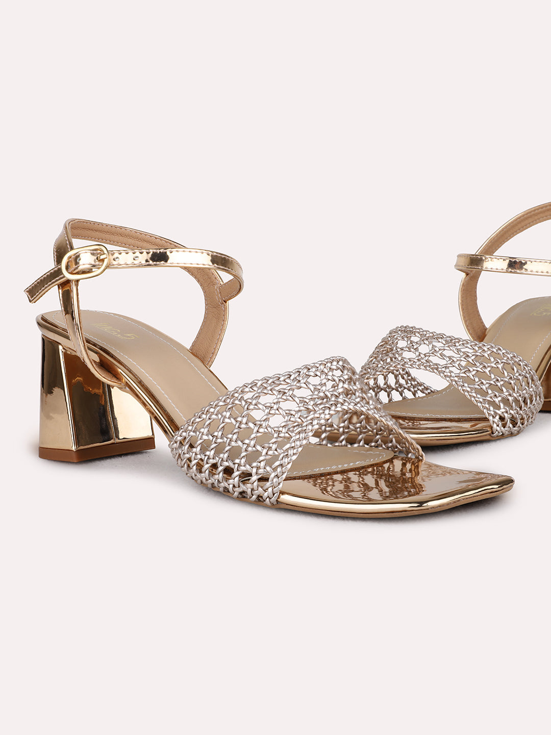 Womens Rose Gold Party Wear Textured Square Toe Block Heel Sandals