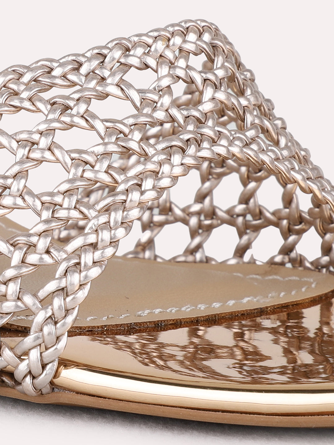 Womens Rose Gold Party Wear Textured Square Toe Block Heel Sandals