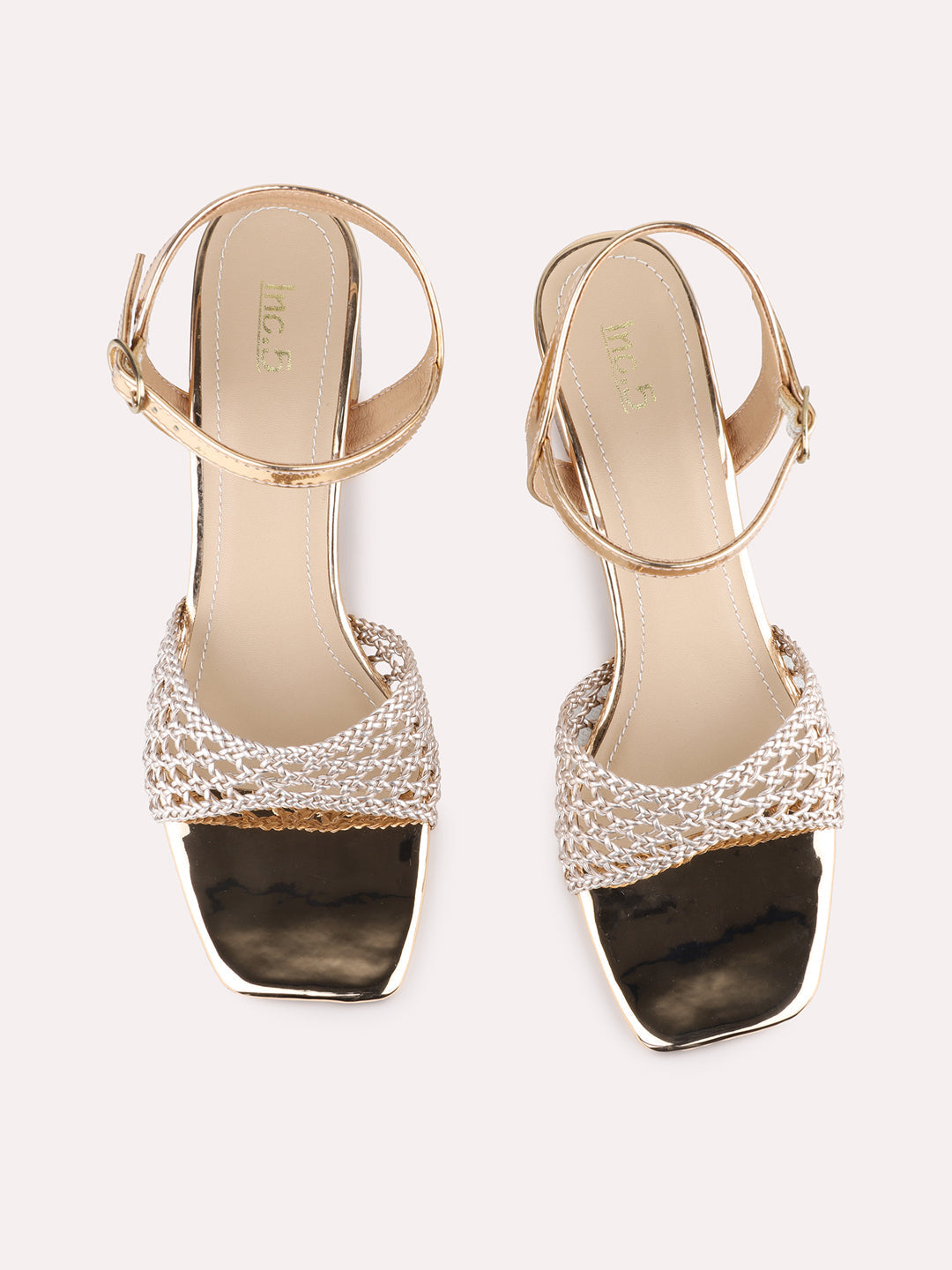 Womens Rose Gold Party Wear Textured Square Toe Block Heel Sandals