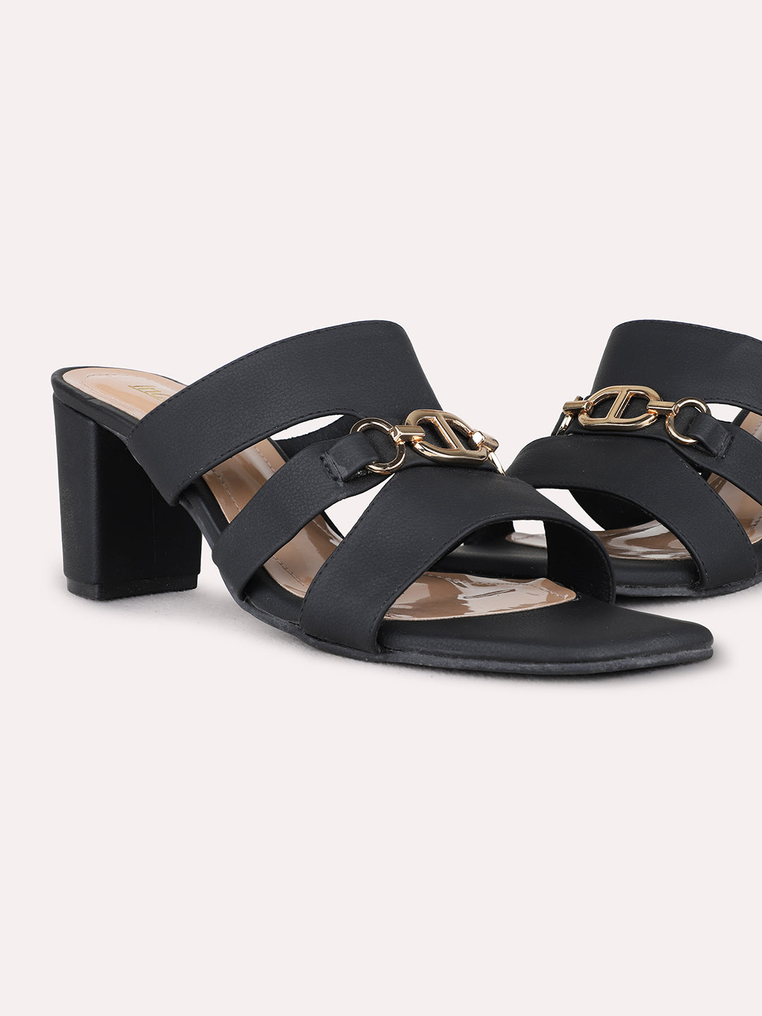 Womens Black Party Wear Solid Square Toe Block Heel Sandals