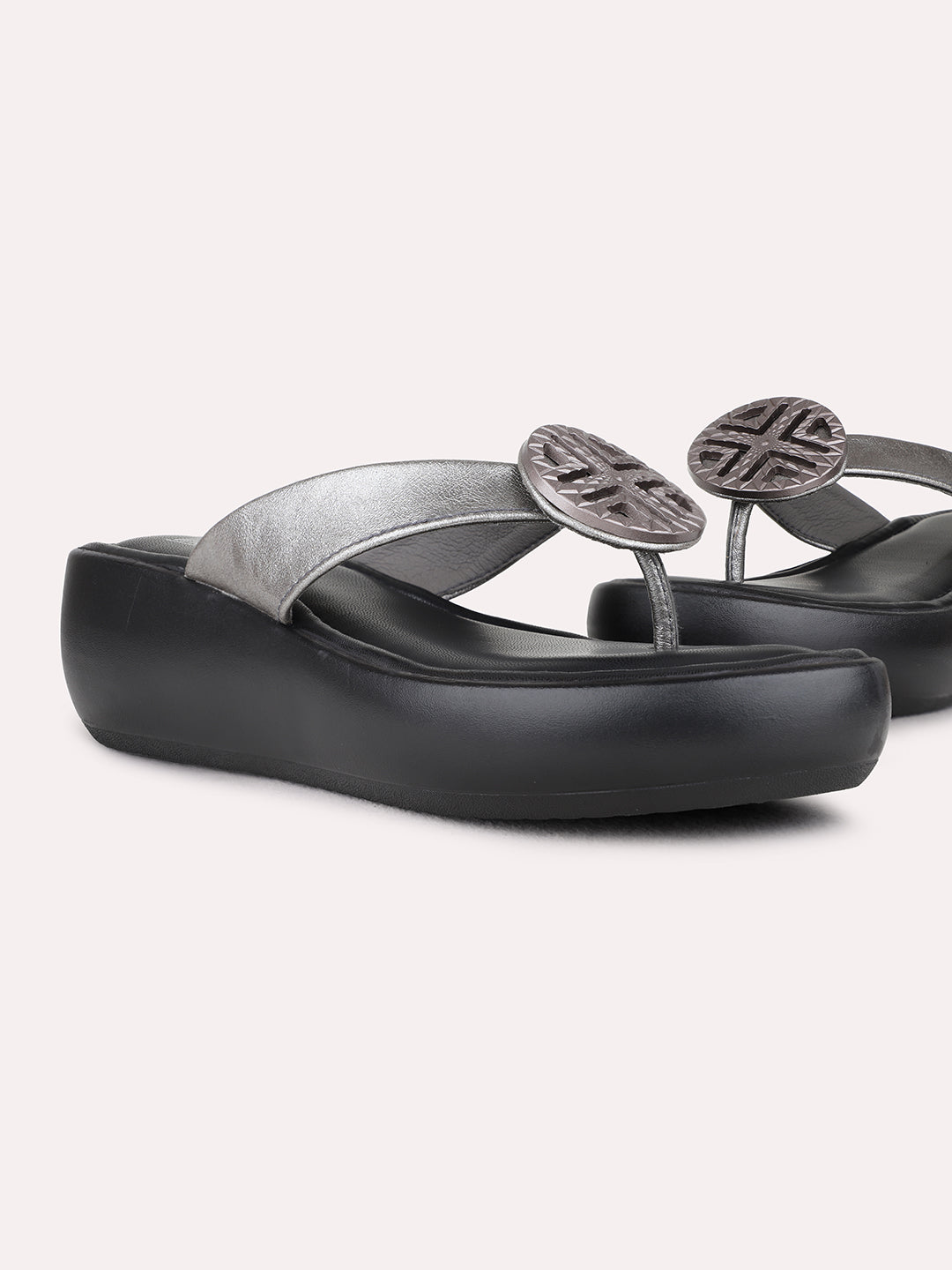 Womens Pewter Party Wear Solid Round Toe Wedge Heel Sandals