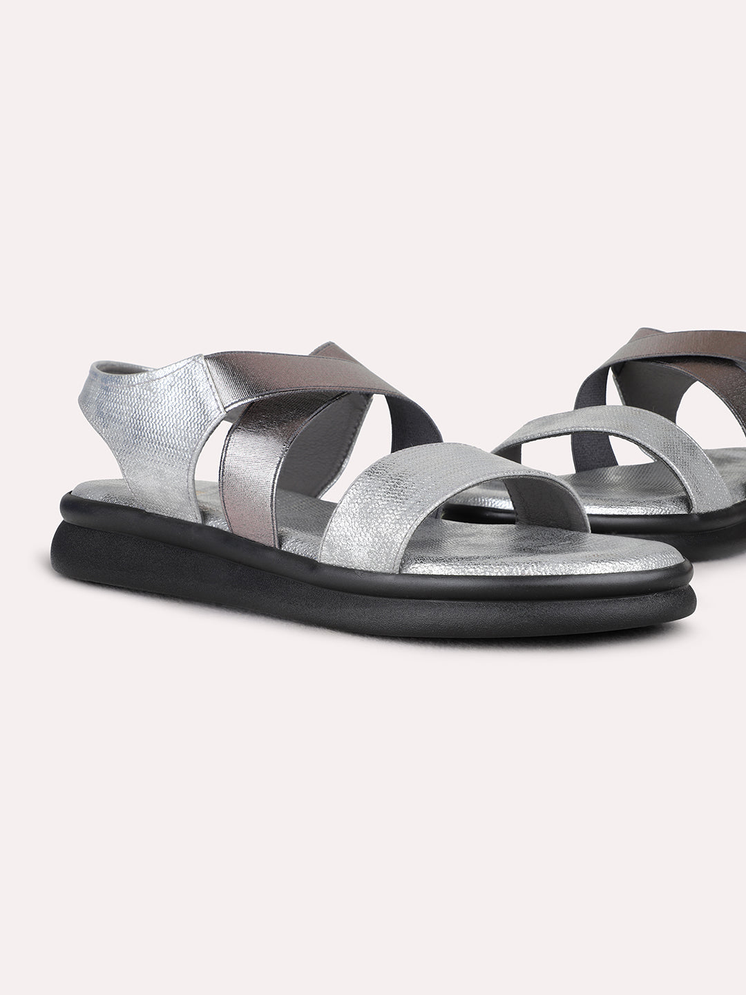 Womens Pewter Casual Striped Open Toe Flat Sandals