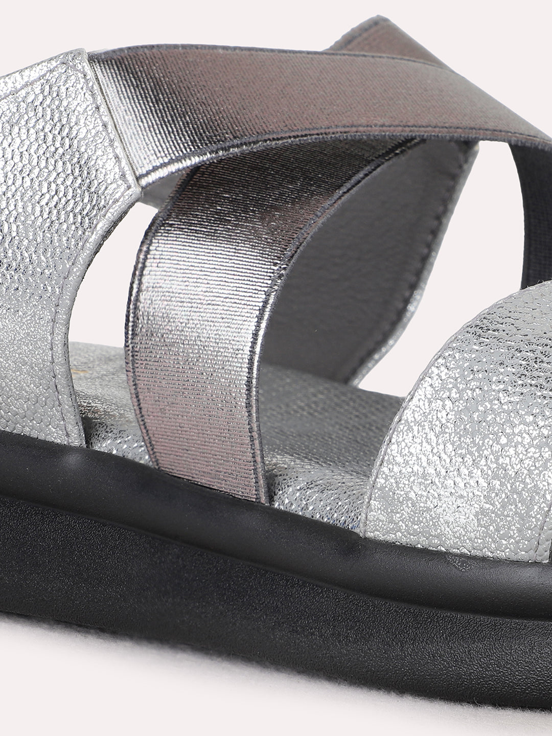 Womens Pewter Casual Striped Open Toe Flat Sandals