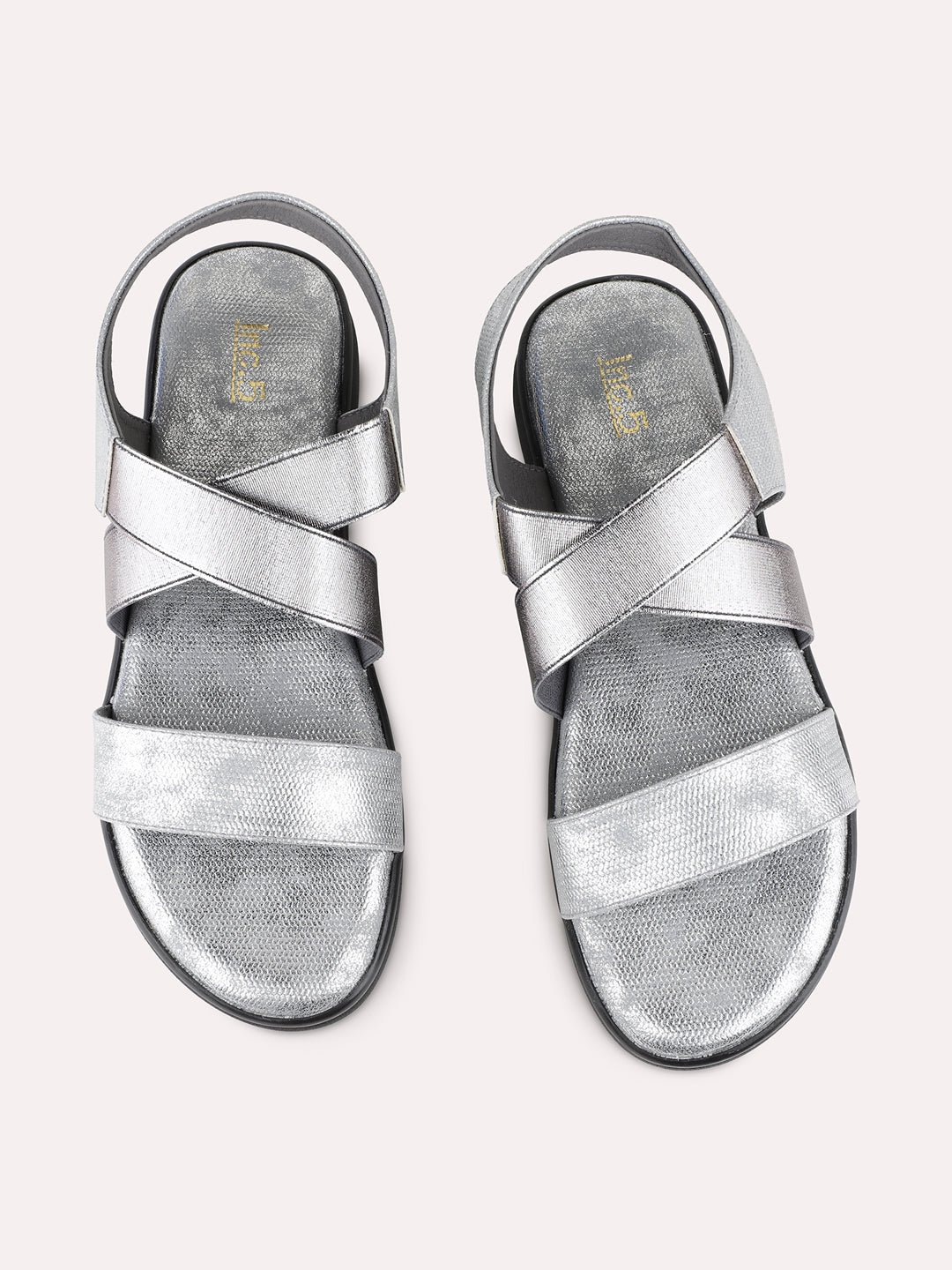 Womens Pewter Casual Striped Open Toe Flat Sandals