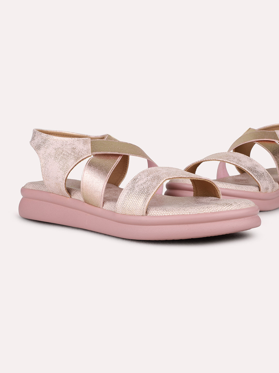 Womens Rose Gold Casual Striped Open Toe Flat Sandals