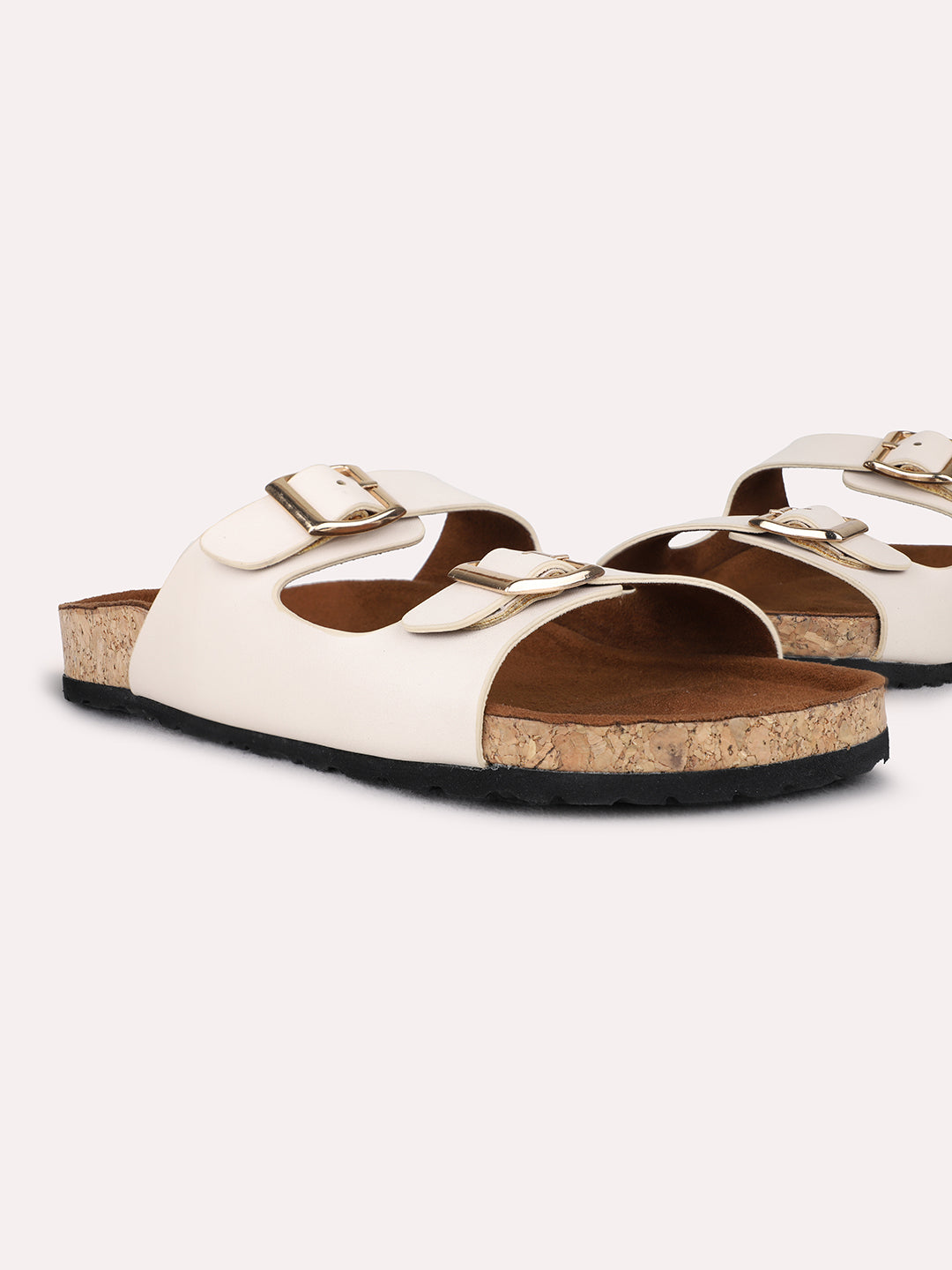 Womens Cream Casual Solid Open Toe Flat Slip-On Sandals