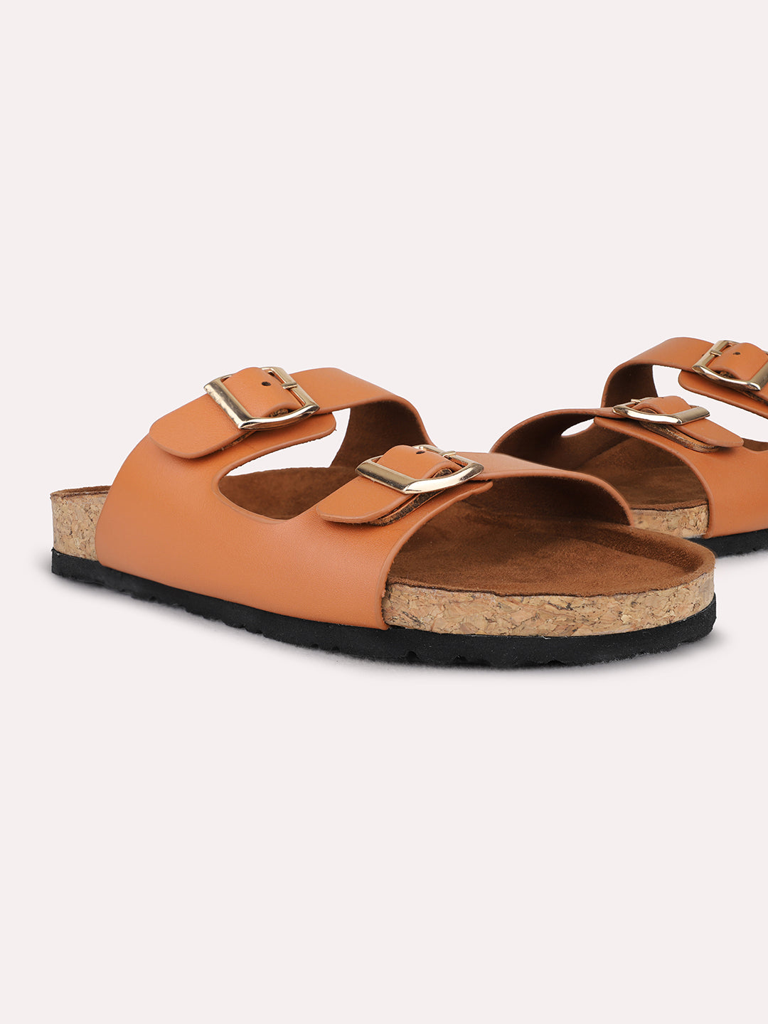 Womens Tan Casual Solid Open Toe Flat Slip-On Sandals